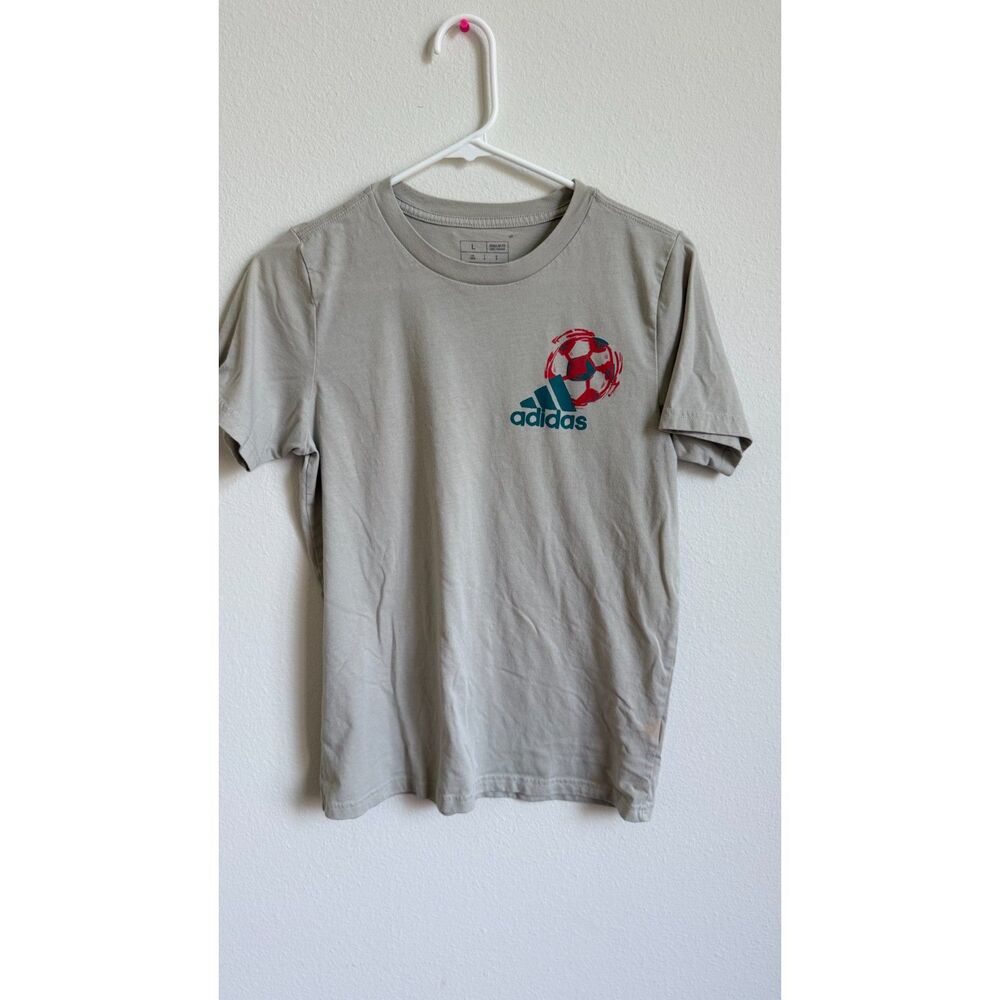 Adidas Boys Youth L Soccer T Shirt Gray Red Teal Graphic Front Back Logo Tee